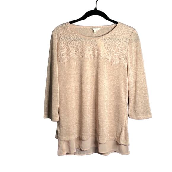 Adiva Taupe Lace Trim Top With Sheer Layer Size Medium - Picture 1 of 11